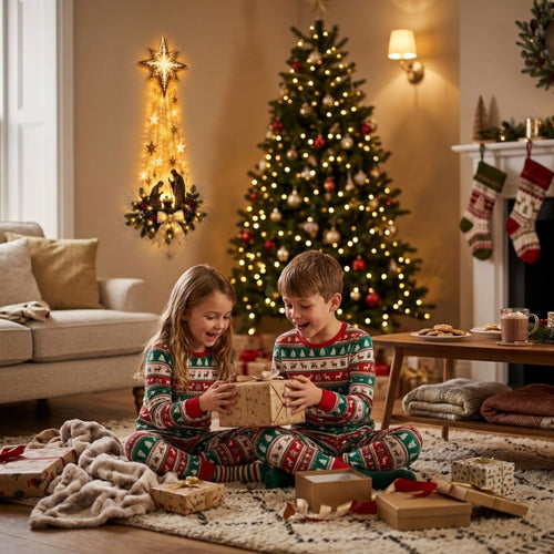 Estrella de Belén iluminada en un salón navideño con niños abriendo regalos