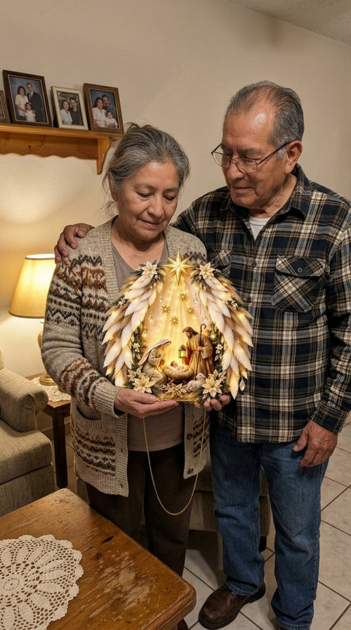 Pareja sosteniendo el Belén iluminado de pared con detalles de plumas