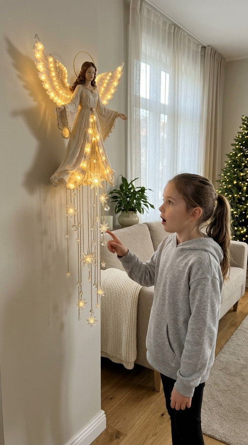 Niña admirando el Ángel luminoso de pared con cascada de estrellas