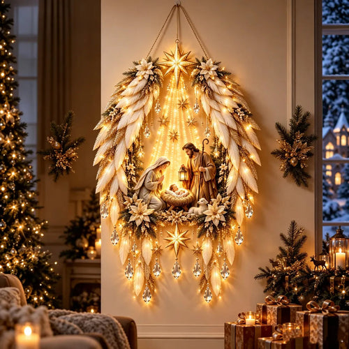 Belén luminoso de pared encendido en un salón navideño