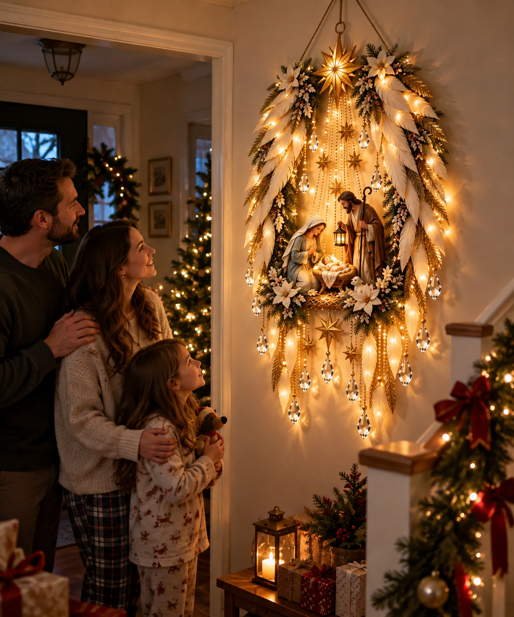 Familia admirando el Belén iluminado de pared