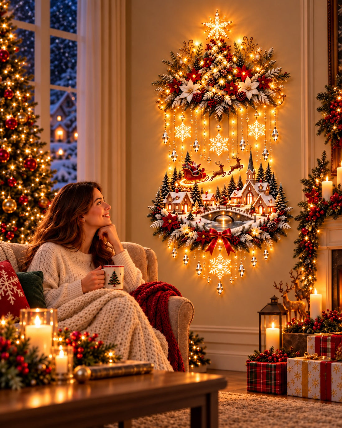 Árbol y pueblo navideño iluminado en salón decorado