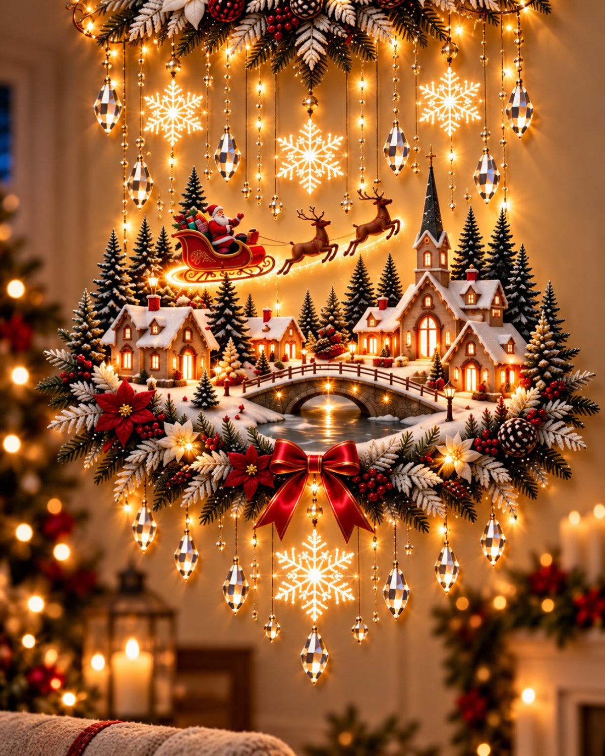 Detalle del pueblo navideño iluminado con trineo y renos