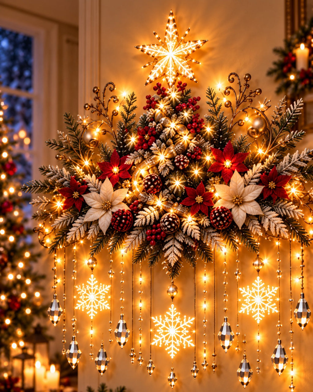 Detalle superior del árbol navideño iluminado con copos de nieve
