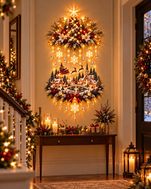 Árbol y pueblo navideño iluminado en la entrada de casa