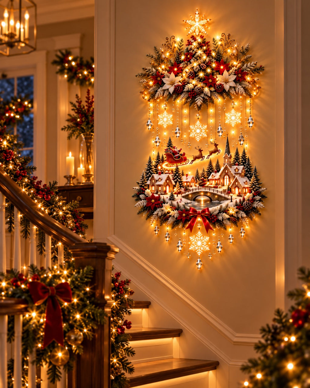 Árbol y pueblo navideño iluminado junto a una escalera decorada