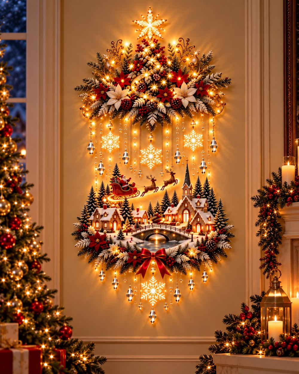 Árbol y pueblo navideño iluminado sobre pared decorada