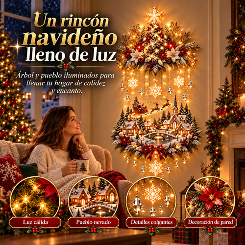 Árbol y pueblo navideño iluminado con beneficios destacados en español
