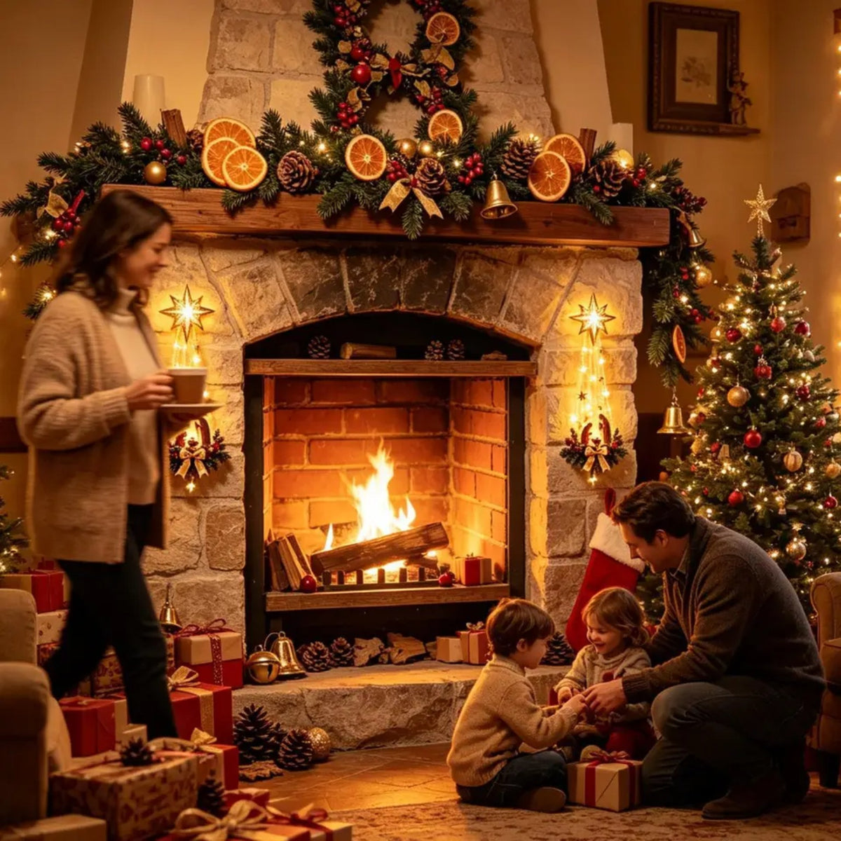 Familie in warmer Weihnachtsatmosphäre mit dem Stern von Bethlehem