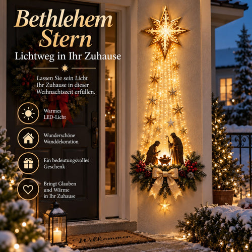 Estrella de Belén iluminada con escena de la Natividad y luces cálidas en una pared
