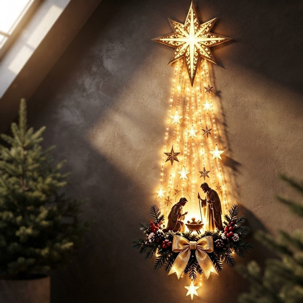 Estrella de Belén iluminada con escena de la Natividad y luces cálidas