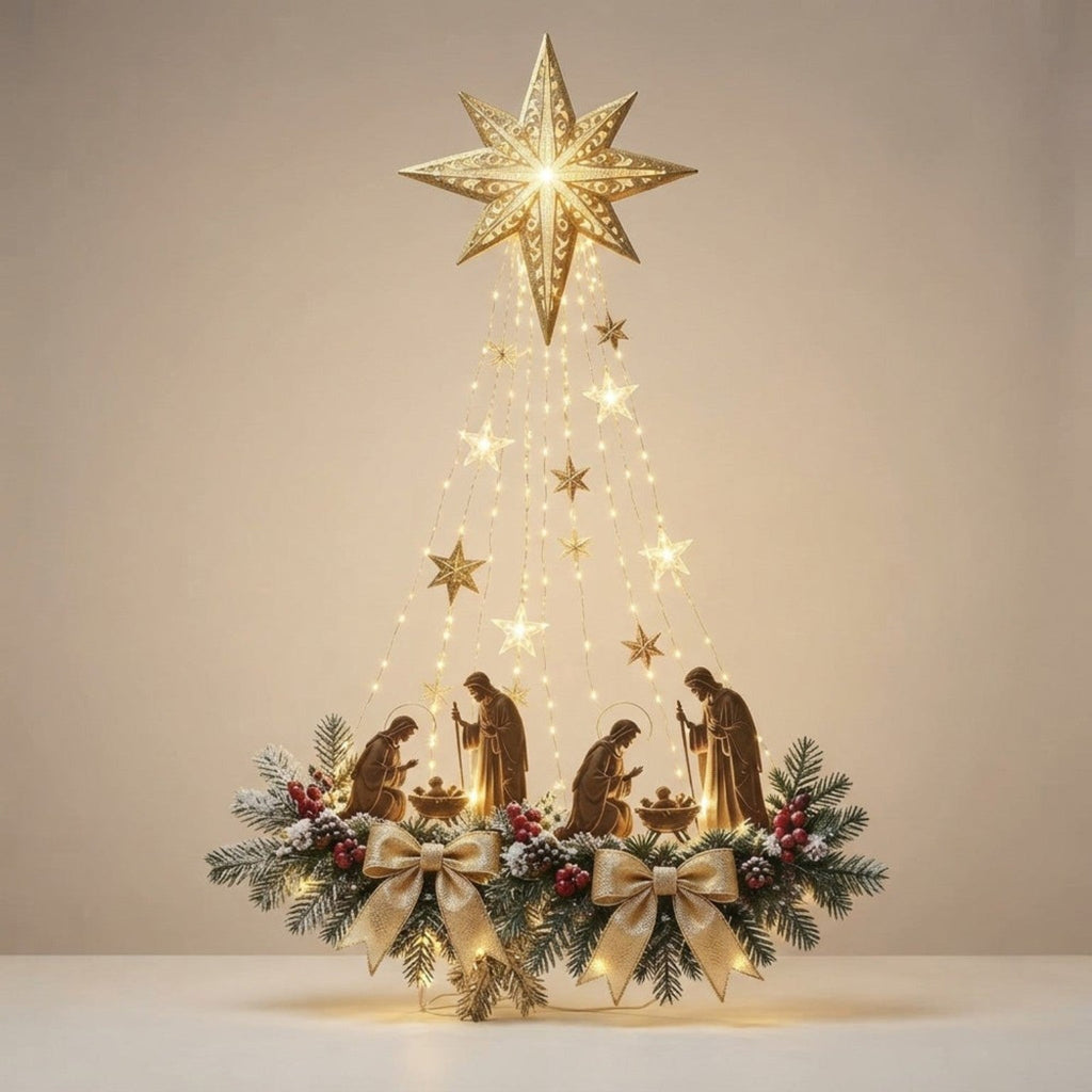 Beleuchteter Stern von Bethlehem mit Krippenszene auf hellem Hintergrund