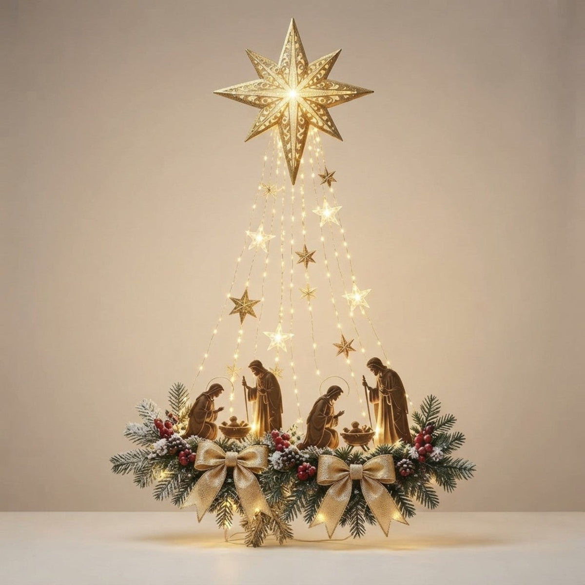 Stella di Betlemme illuminata con scena della Natività su sfondo chiaro